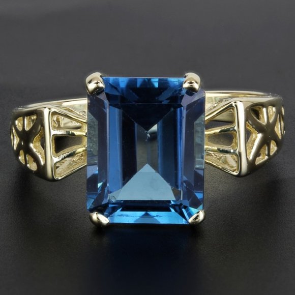 Vintage 10K Yellow Gold Solitaire London Blue Topaz Cocktail Ring - Picture 6 of 7